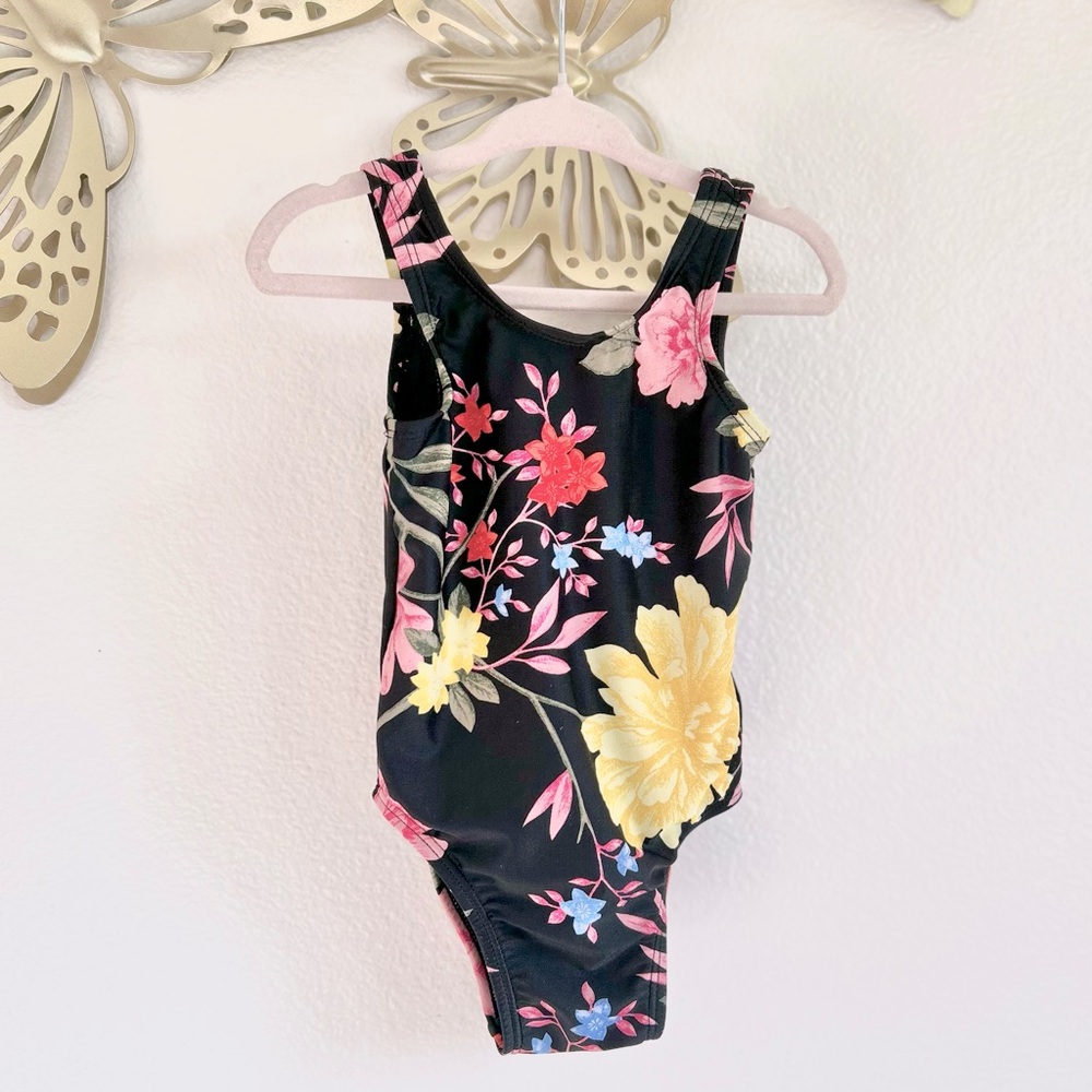 Black Scoop-Back Floral Print Swimsuit